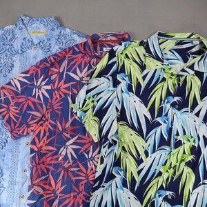 Lot of 3 Tommy Bahama Palm XL 100% Silk Short Sleeve Camp Floral Blue Red Green